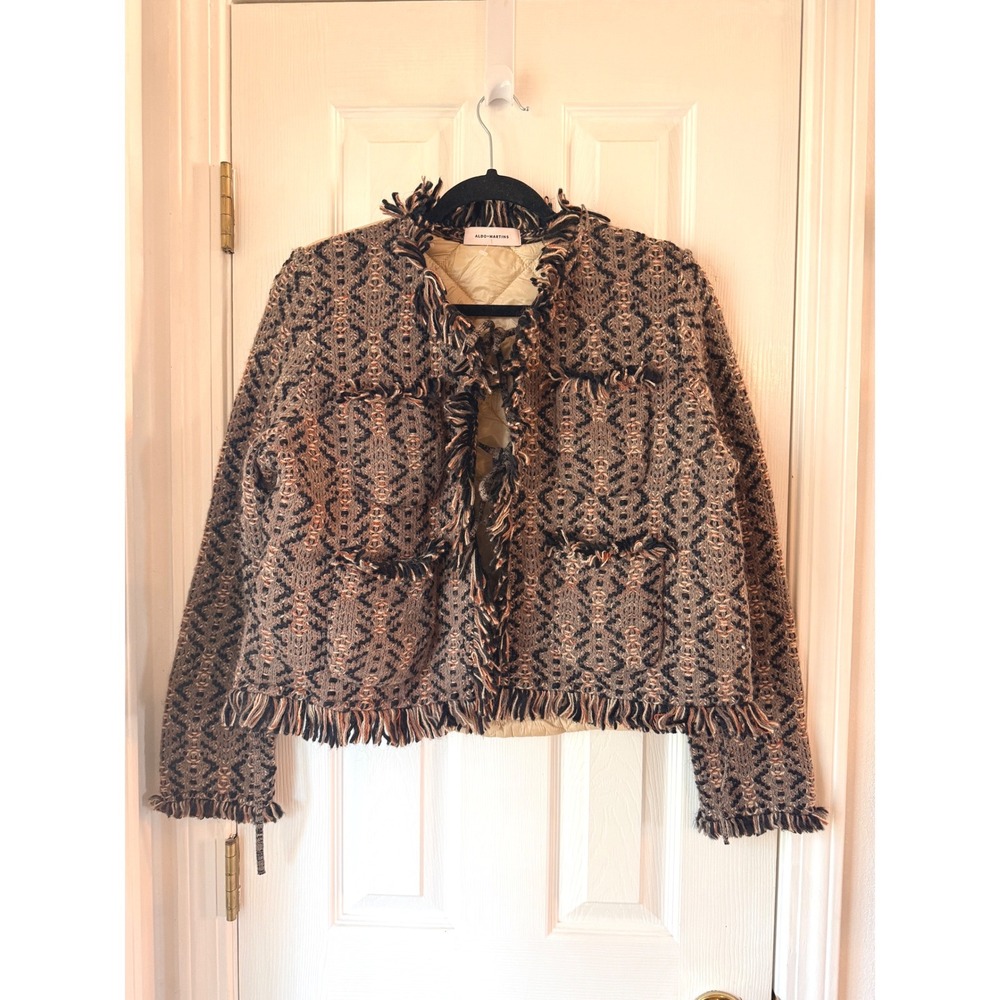 Aldo‎ Martins Mixed Media Knit Quilted Fringe Jacket Geometric Boho Brown Large